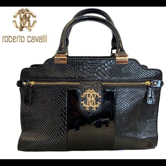 ROBERTO Cavalli black snakeskin print embossed patent leather purse bag - Picture 1 of 16